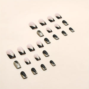 24pcs Short Square Shape Press On Nails, Fake Nail With Golden Glitter Powder Decor,  Golden Black Fake Nails,  Glossy  Acrylic Full Cover N