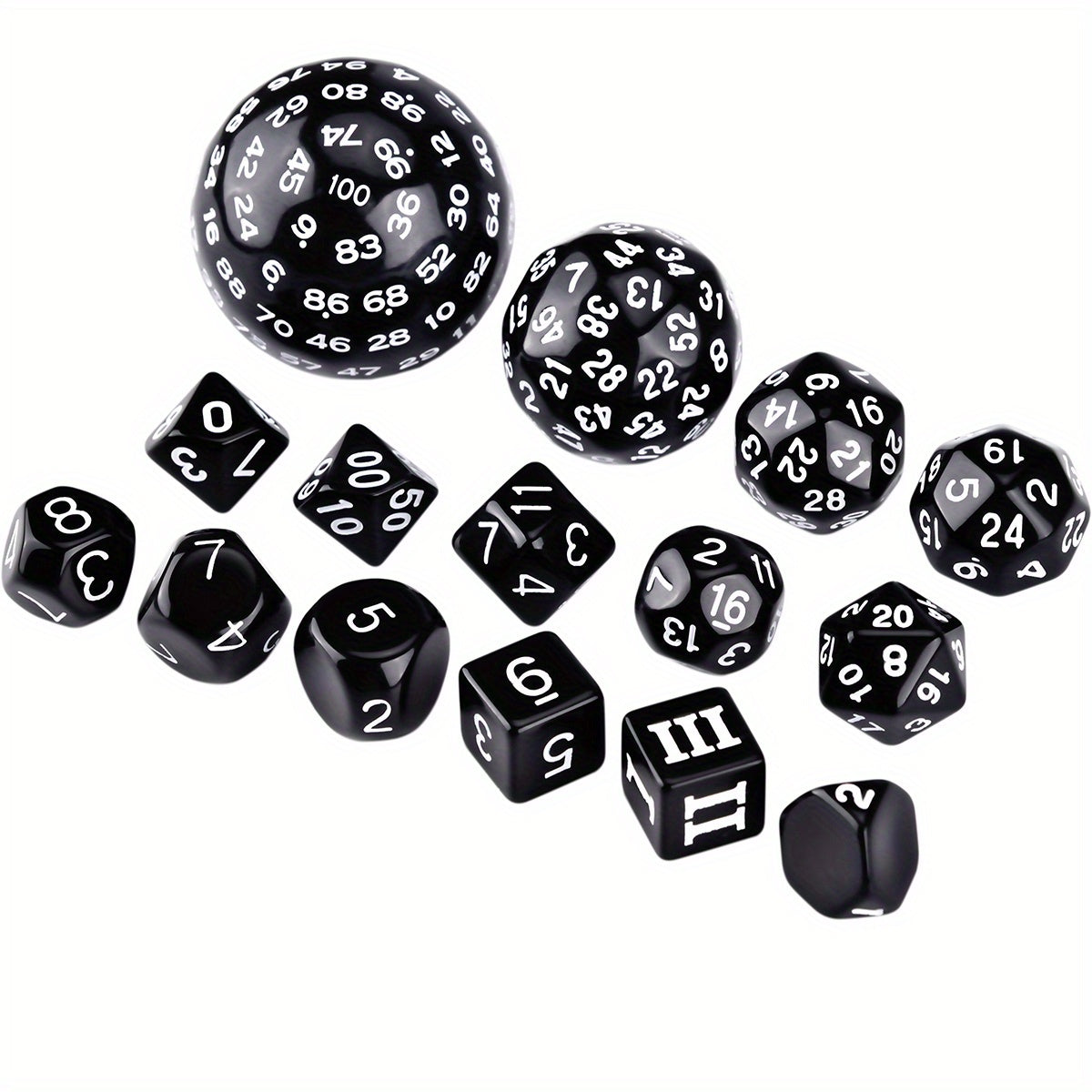 15 Pieces Complete Polyhedral D3-D100 Spherical RPG Dice Set In Opaque Black, 100 Sides For Role Playing Table Games Party Supplies