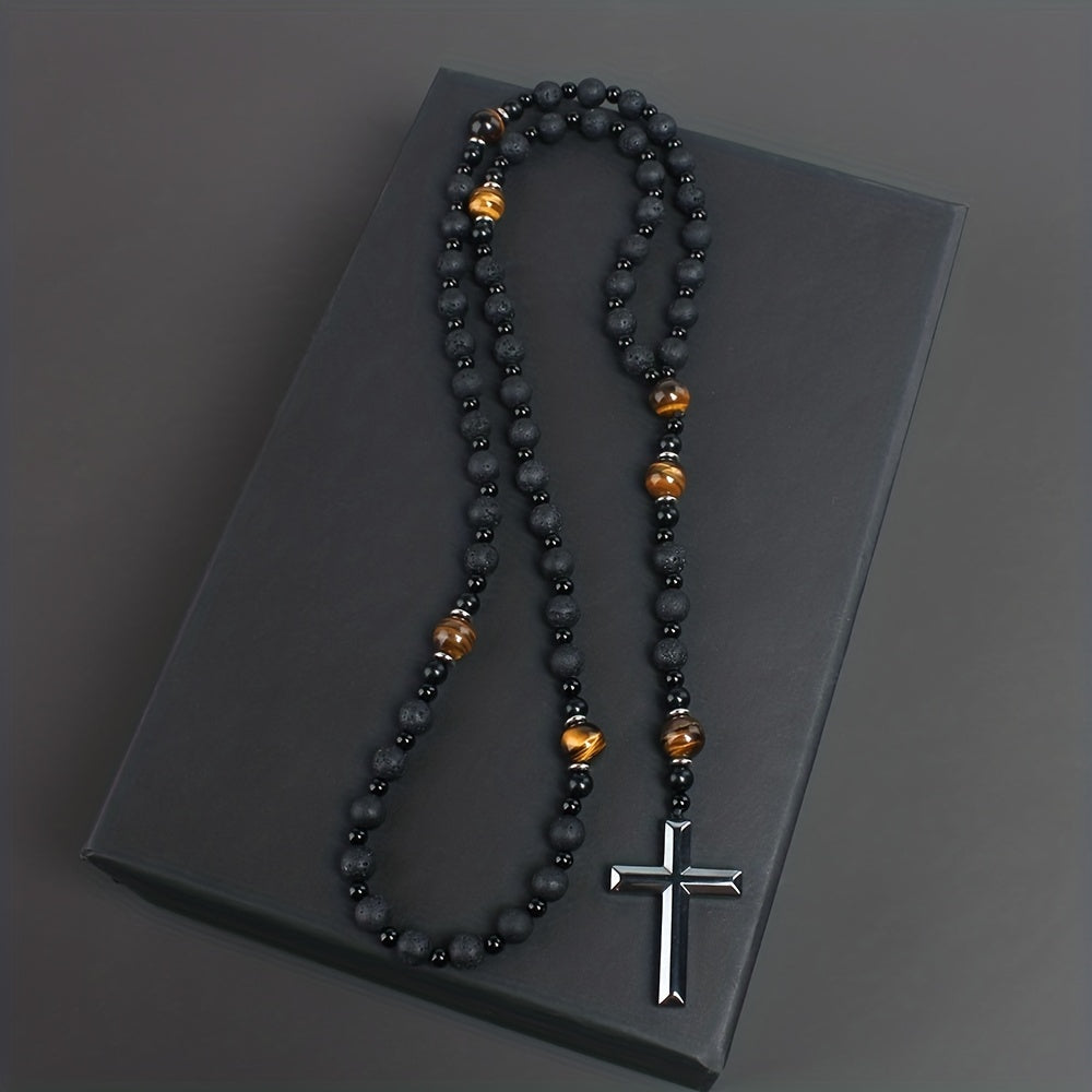 1pc Bright Black Natural Stone Yellow Tiger Eye Round Bead Black Gallstone Cross Rosary Necklace, Rough Stone Gift Necklace For Men, Daily C