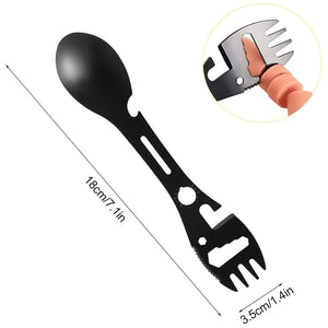 10-in-1 Multi-Functional Spork: Stainless Steel Portable Utensil Spoon, Can Opener, Serrated Knife, Wrench, Direction Indicator, Harpoon - P