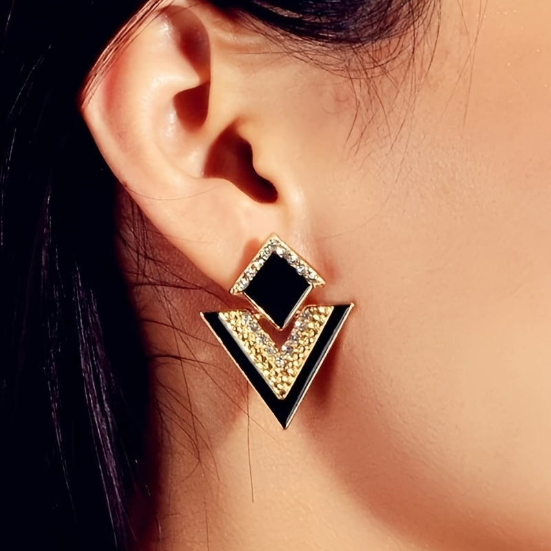 Geometric Black Rhinestones Drop Dangle Earrings 18K Gold Plated Jewelry For Women Decor