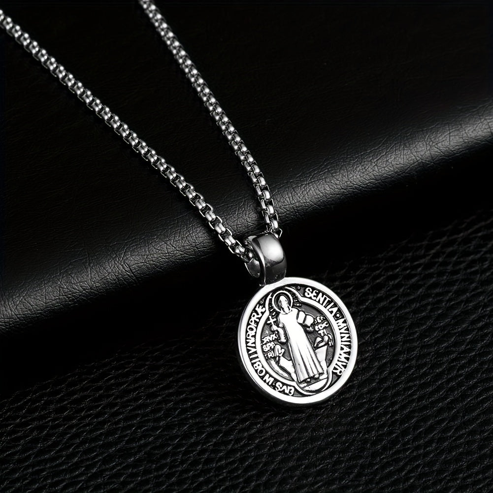 Men's St Benedict Exorcism Medal Stainless Steel Pendant Necklace