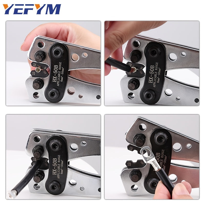 1 Set Battery Cable Copper Lug Crimping Tool, HX-50B 10-1 AWG With 60Pcs Copper Ring Terminals, 8 Sizes Cable Lugs Set