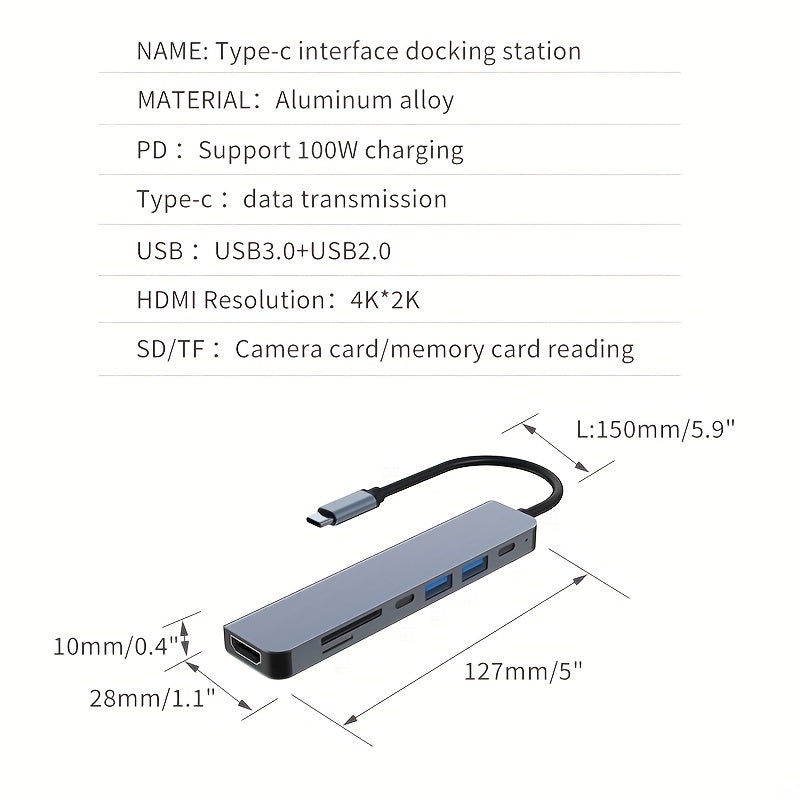 USB C Hub, 7-in-1 USB C Adapter With 4K HDTV Output, USB2.0 USB 3.0, USB-C 2.0, SD/TF Card Reader, 100W PD USB C Dongle For MacBook Pro/Air,