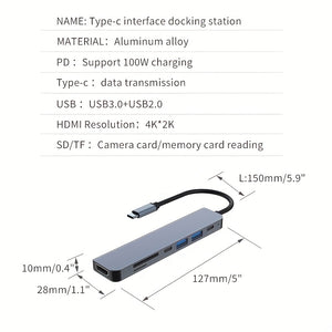 USB C Hub, 7-in-1 USB C Adapter With 4K HDTV Output, USB2.0 USB 3.0, USB-C 2.0, SD/TF Card Reader, 100W PD USB C Dongle For MacBook Pro/Air,