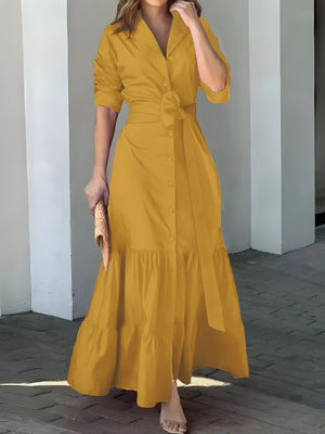 Elegant Maxi Dress with Belt and Ruched Sleeves for Women - Chic Ruffle Trim, Woven Polyester, Ideal for Spring/Fall