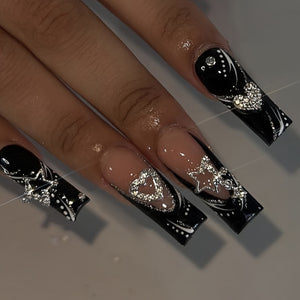 24pcs Long Square Fake Nails, Glossy Black French Tip Press On Nails With Heart Star Rhinestone Design, Sweet Cool Full Cover False Nails Fo