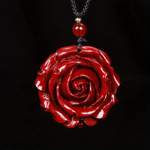 Natural Cinnabar Double Sided Carved Rose Necklace Pendant Good Luck Necklace