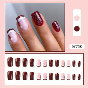 24pcs Glossy Medium Square Fake Nails, Red Glitter Press On Nails With Christmas Hat Design, Sparkling Full Cover False Nails For Women Girl