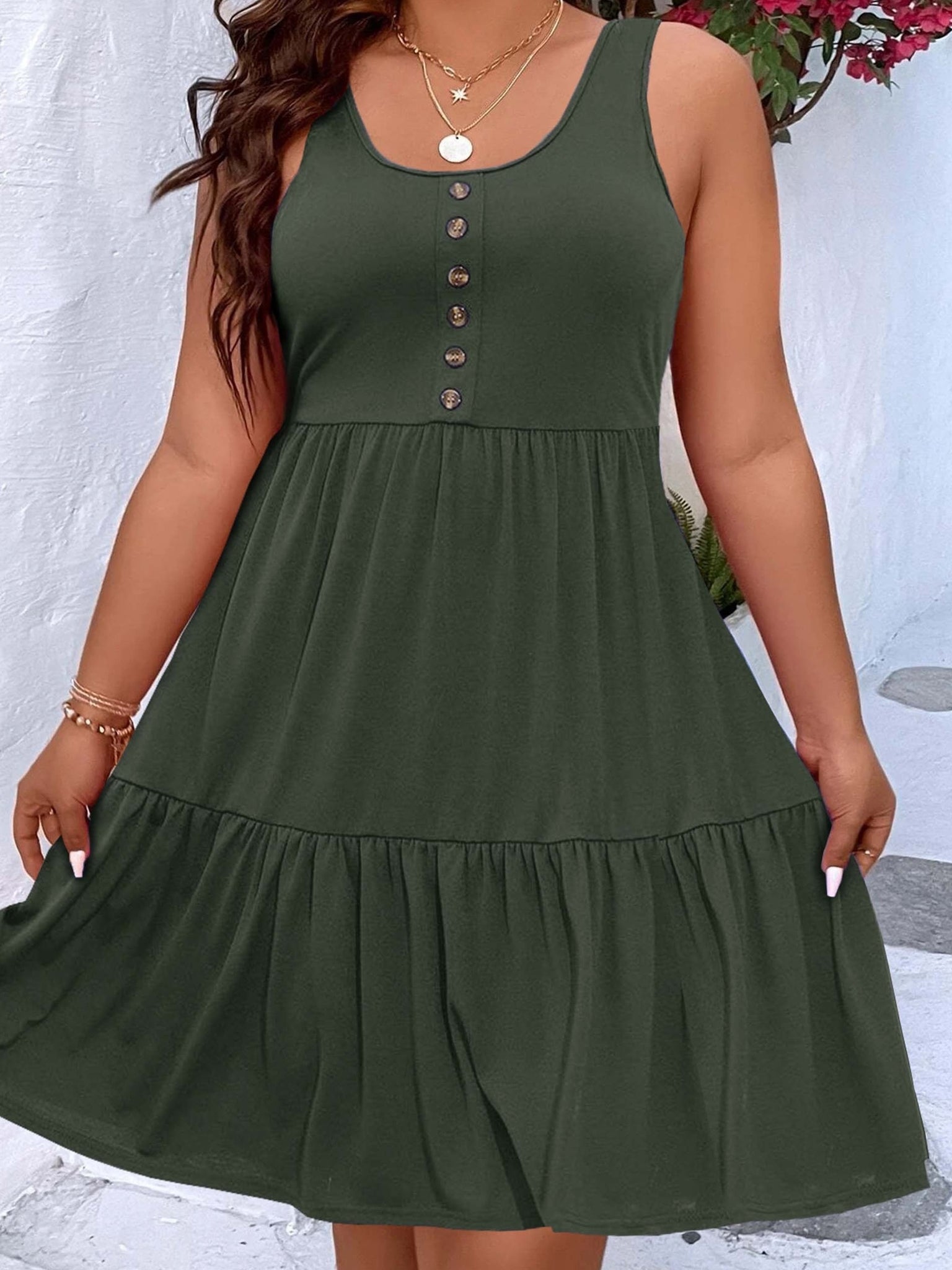 Plus Size Casual Loungewear, Women's Plus Ruffled Hem Button Detail Medium Stretch Comfort Tank Dress