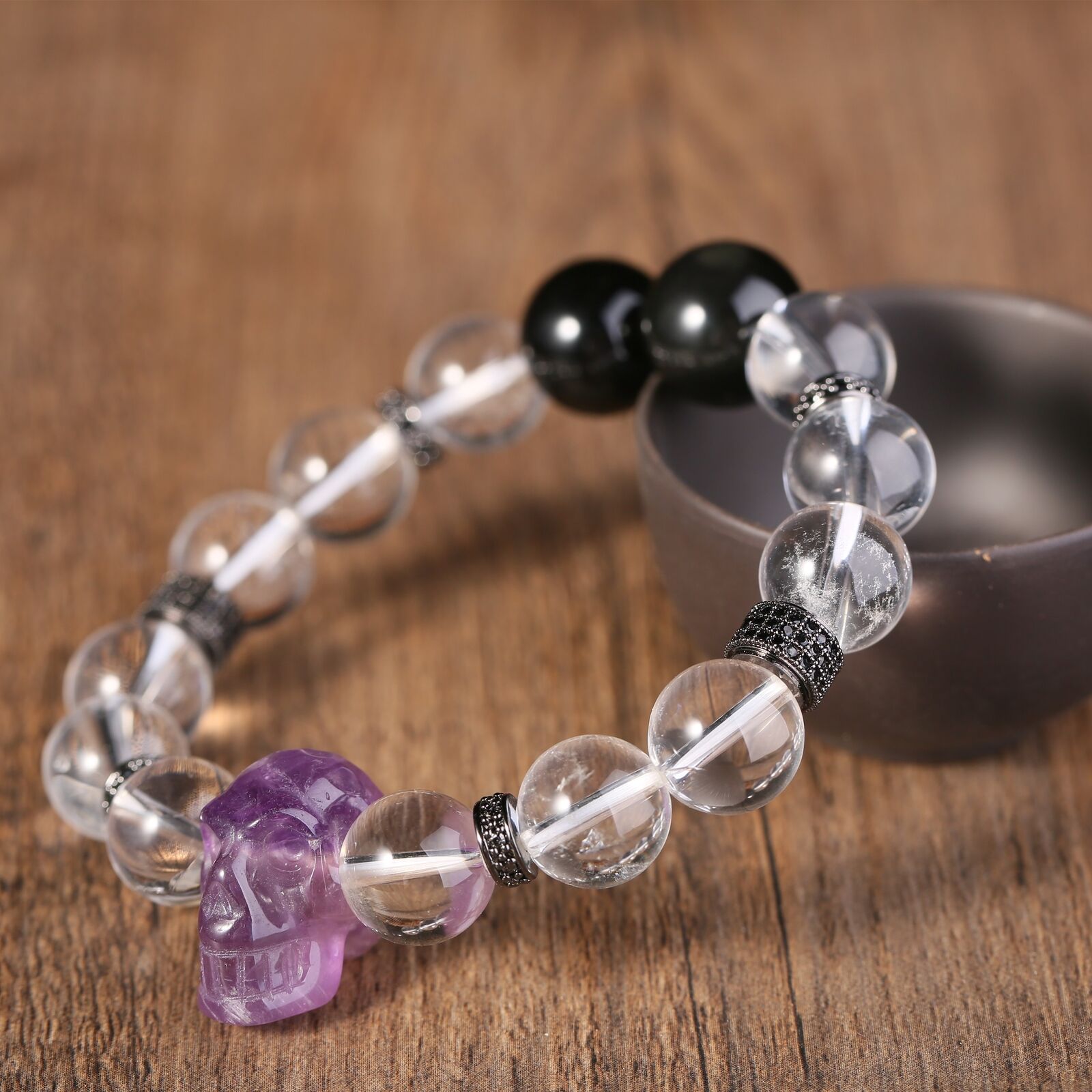 Purple Amethyst Skull Gothic Bracelet Fashion White QUARTZ Crystal Beads Jewelry