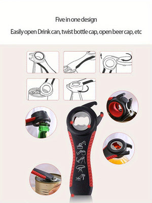 1pc, Bottle Oponer, 5in1 Multi-Function Bottle Jar Opener, Can Container Opener, Twist Anti-Slip Lid Opener Tool, Jar Opener For Weak Hands,