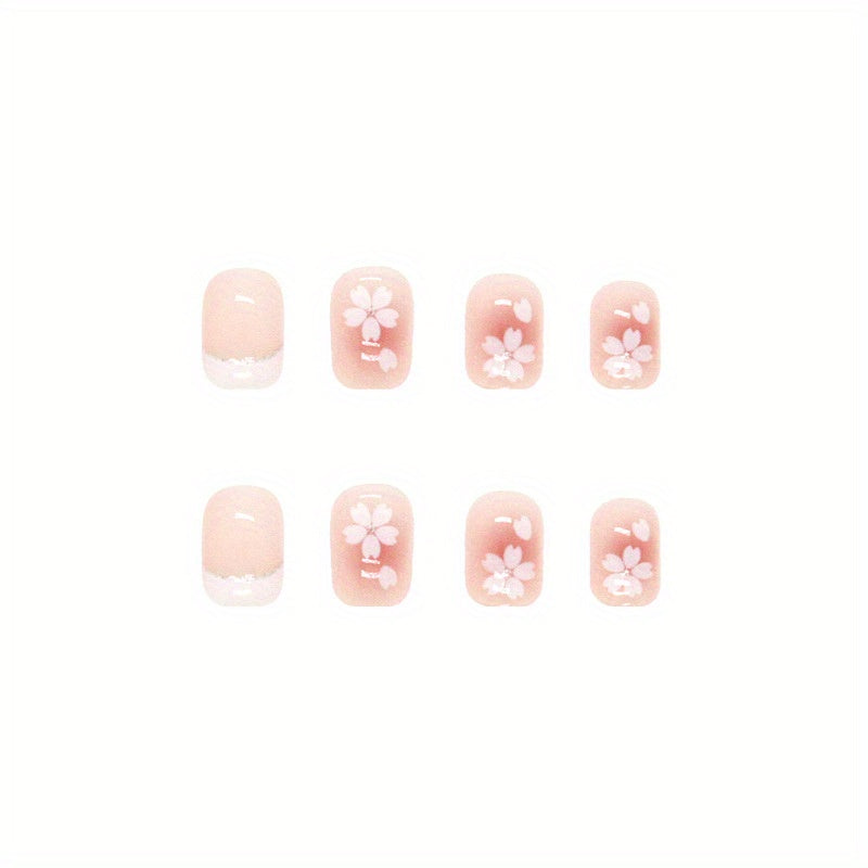 24 pcs Holographic Square Full Cover Press On Nails - White Flower Nude Petite French Tips - DIY Manicure for Women - Glossy Coffin False Na