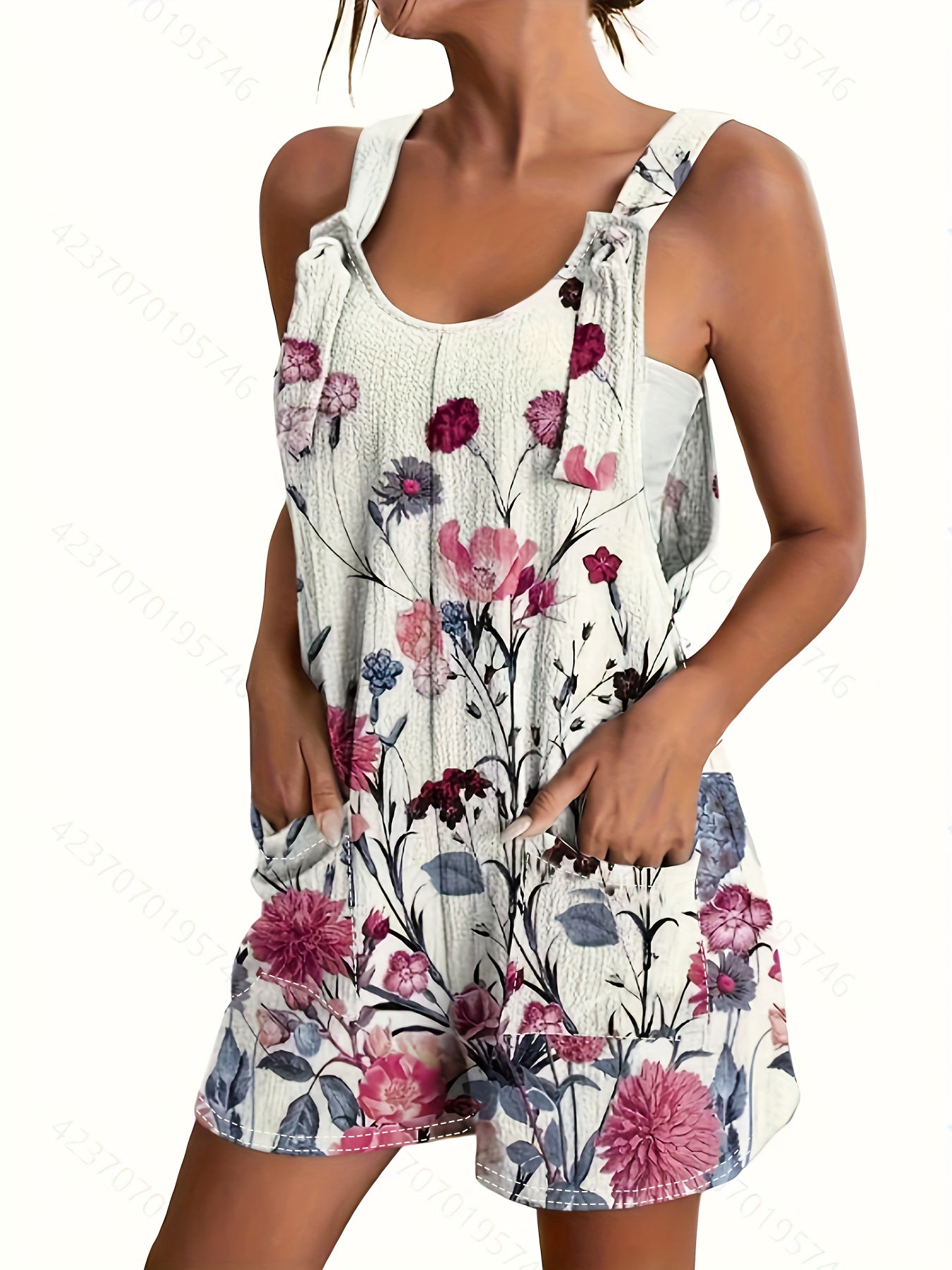 Floral Print Sleeveless Romper with Front Pocket - Casual Everyday Women's Outfit