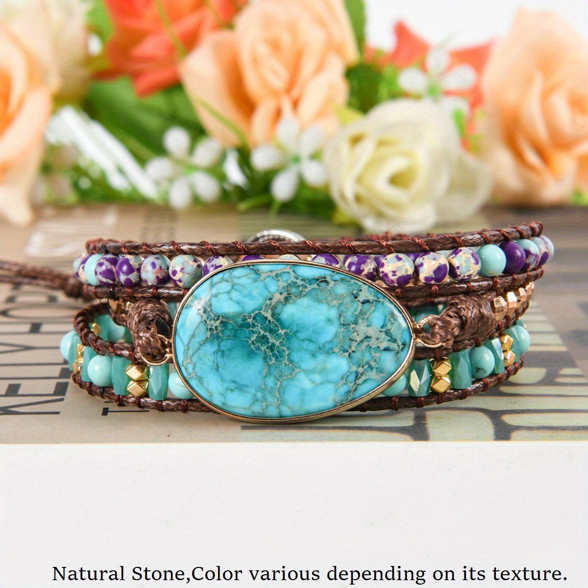 Boho Style Wrap Bracelet Handmade PU Leather Turquoise Beads Bracelet Jewelry Gift