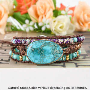 Boho Style Wrap Bracelet Handmade PU Leather Turquoise Beads Bracelet Jewelry Gift