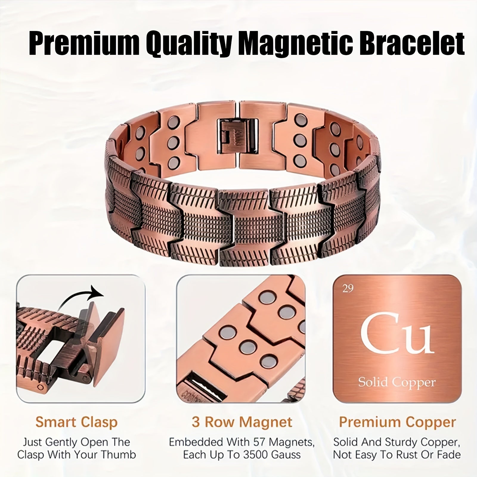 1pc 3X Strength Copper Bracelets For Men, Pure Copper Magnetic Bracelet With 3 Row Neodymium Magnets Adjustable Length Bracelet Arthritis Pa