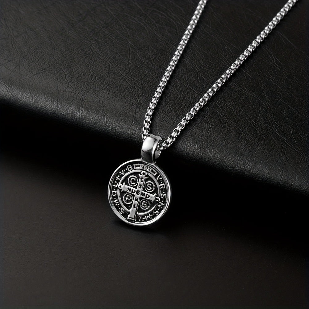 Men's St Benedict Exorcism Medal Stainless Steel Pendant Necklace