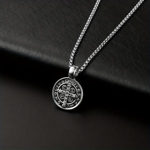 Men's St Benedict Exorcism Medal Stainless Steel Pendant Necklace