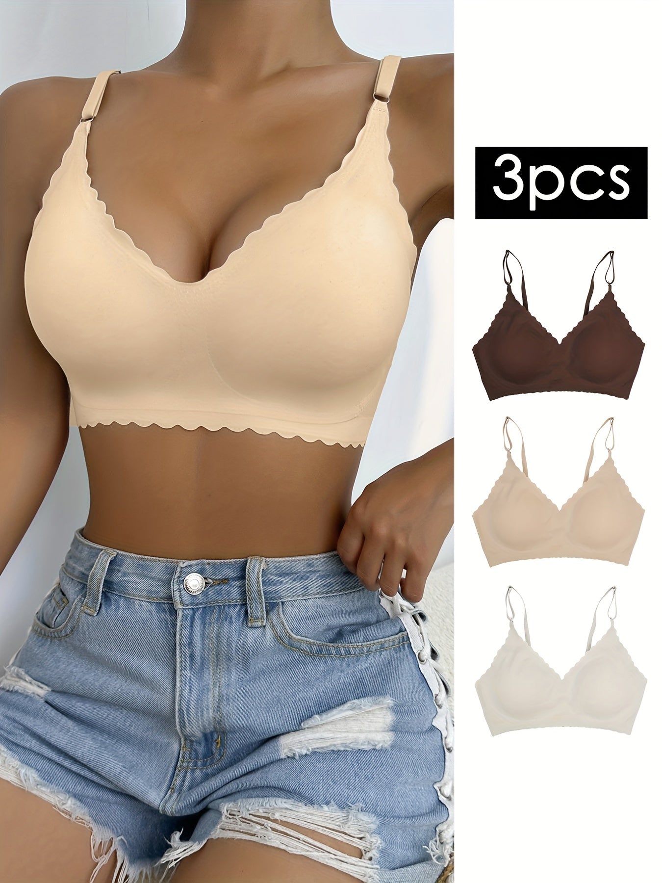 3-Piece Chic Wavy Trim Bralettes - Seamless & Breathable for Daily Comfort | Wireless Intimates Set - Everyday Elegance