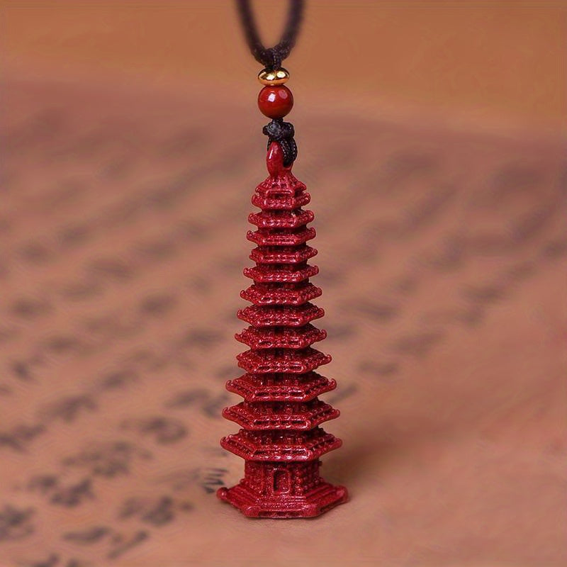 Raw Mineral Cinnabar Sand Nine Or Thirteen Layers Wenchang Tower Pendant, Men's Fancy Tower Necklace Amulet Neck Jewelry Retro Style