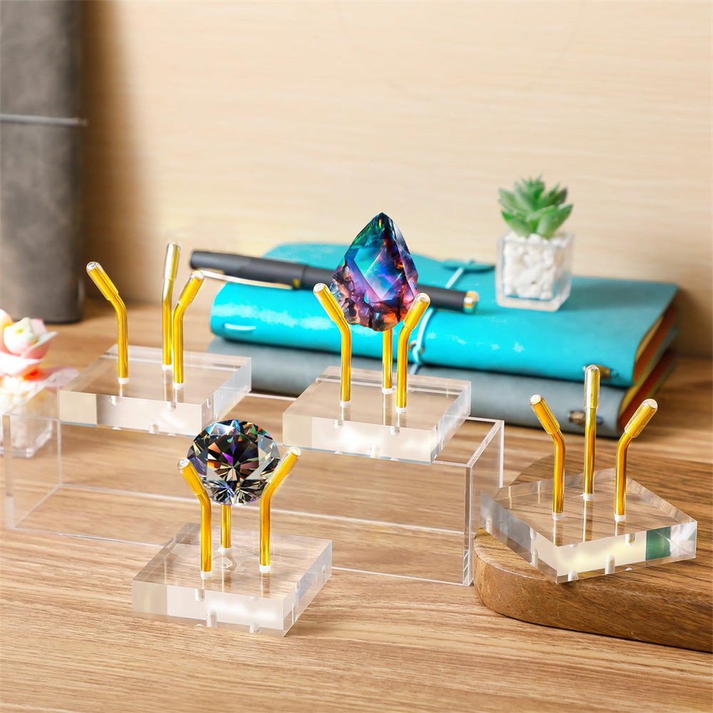 4 Pcs Metal Arm Display Stand Easel with 60mm Easel Clear Acrylic Display Stand Holder Acrylic Base for Displaying Crystal Rock Mineral Agate Coral