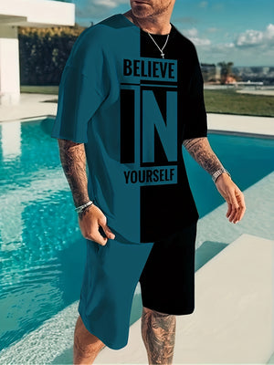 "Men's Summer 2Pcs Casual Outfit ""Believe In Yourself"" Motivational Tee and Adjustable Drawstring Shorts - Breathable, Stylish & Versatile