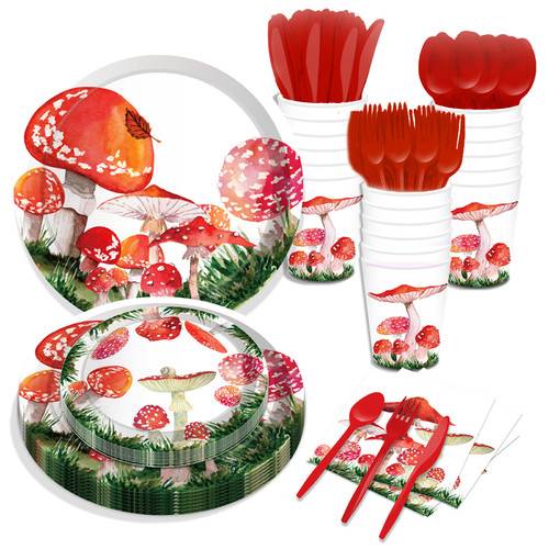 Red Watercolor Mushroom Paper Plates Party Supplie Plates and Napkins 68PCS Set US Local Shipping