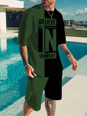 "Men's Summer 2Pcs Casual Outfit ""Believe In Yourself"" Motivational Tee and Adjustable Drawstring Shorts - Breathable, Stylish & Versatile