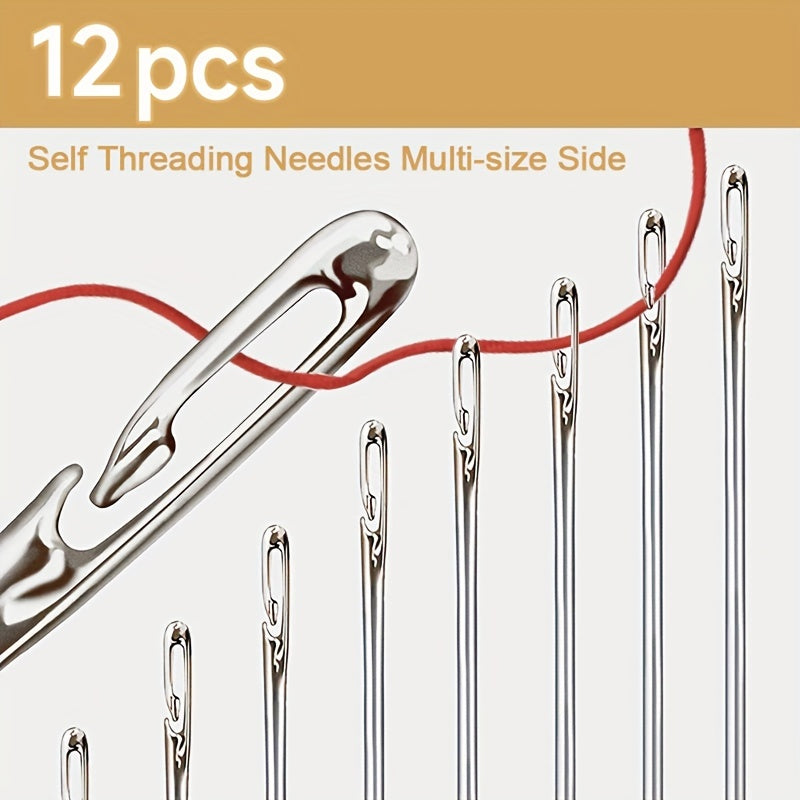 12pcs Self-Threading Hand Sewing Needles for Easy Darning and Stitching - Convenient Side Opening Design - Essential Sewing Accessories