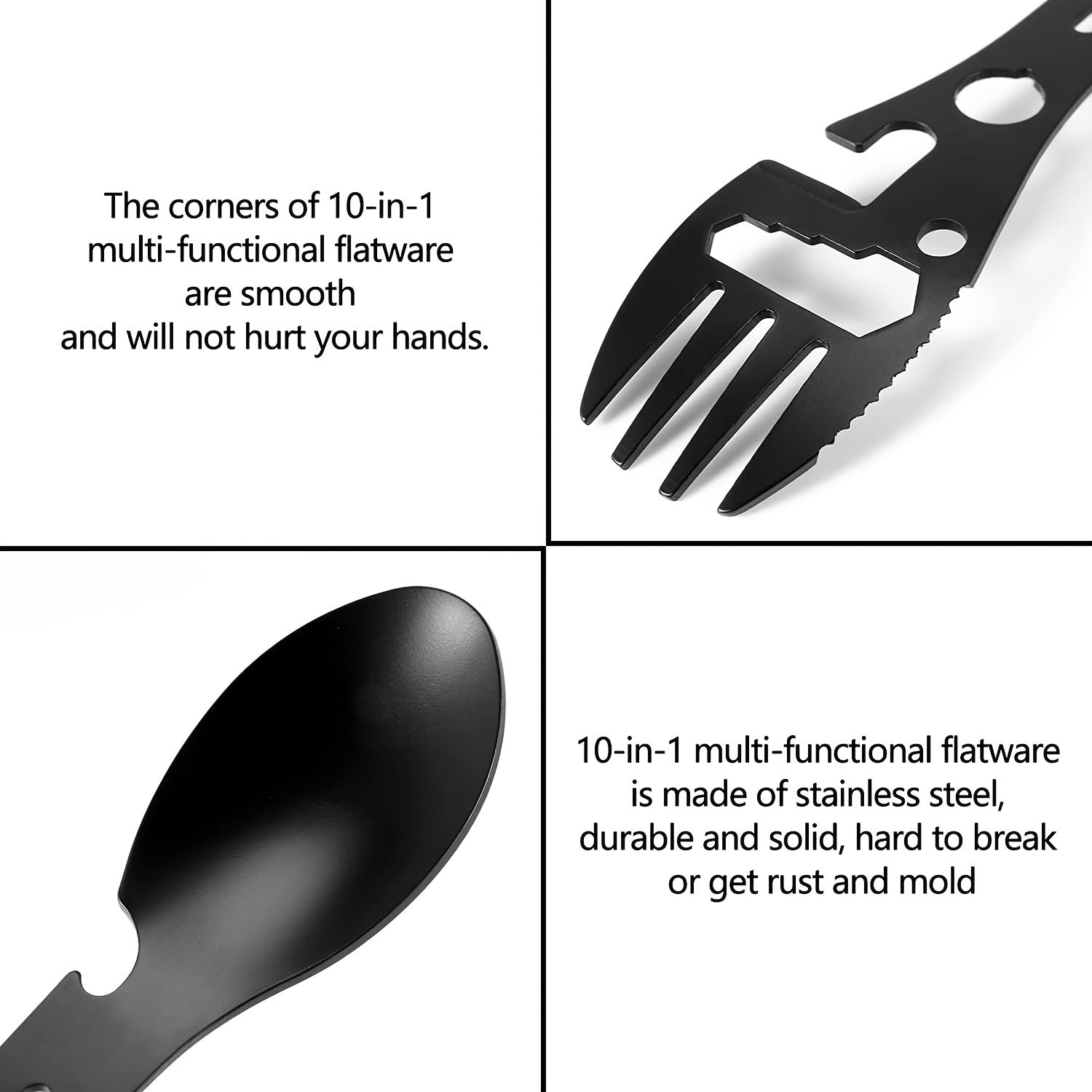 10-in-1 Multi-Functional Spork: Stainless Steel Portable Utensil Spoon, Can Opener, Serrated Knife, Wrench, Direction Indicator, Harpoon - P