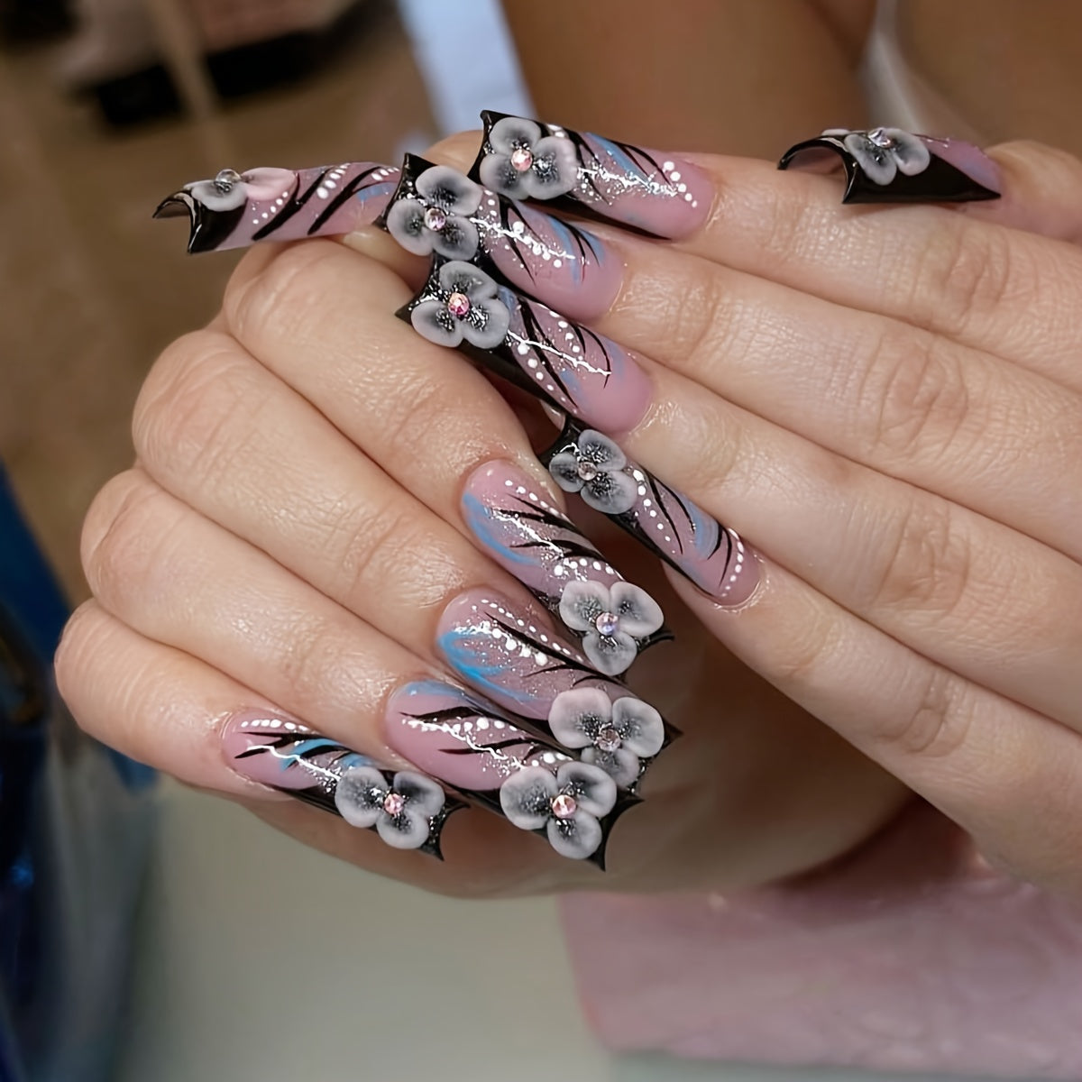 24pcs Glossy Long Square Fake Nails, Nude Press On Nails With Silvery Stripe And 3D Heart Rhinestone Chain Design, Sweet And Romantic False