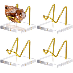 4 Pcs Acrylic Display Stand with Metal Arms Display Pedestal with Acrylic Base Decorative Easel Stand Mineral Crystal Display Stand Rock Stands for Display Gemstone Decor Collectibles