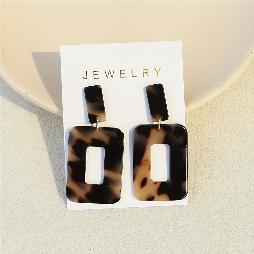 Hollow Rectangle Shape Amber Pattern Design Dangle Earrings Retro Minimalist Style Acrylic Jewelry Trendy Female Gift