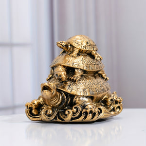 1pc, Feng Shui Three Tier Tortoise (Three Generation Turtle) Golden Resin Statue, Art Tortoise Sculpture Model, Resin Animal Home Decoration