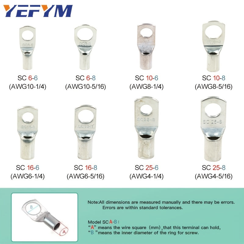 1 Set Battery Cable Copper Lug Crimping Tool, HX-50B 10-1 AWG With 60Pcs Copper Ring Terminals, 8 Sizes Cable Lugs Set