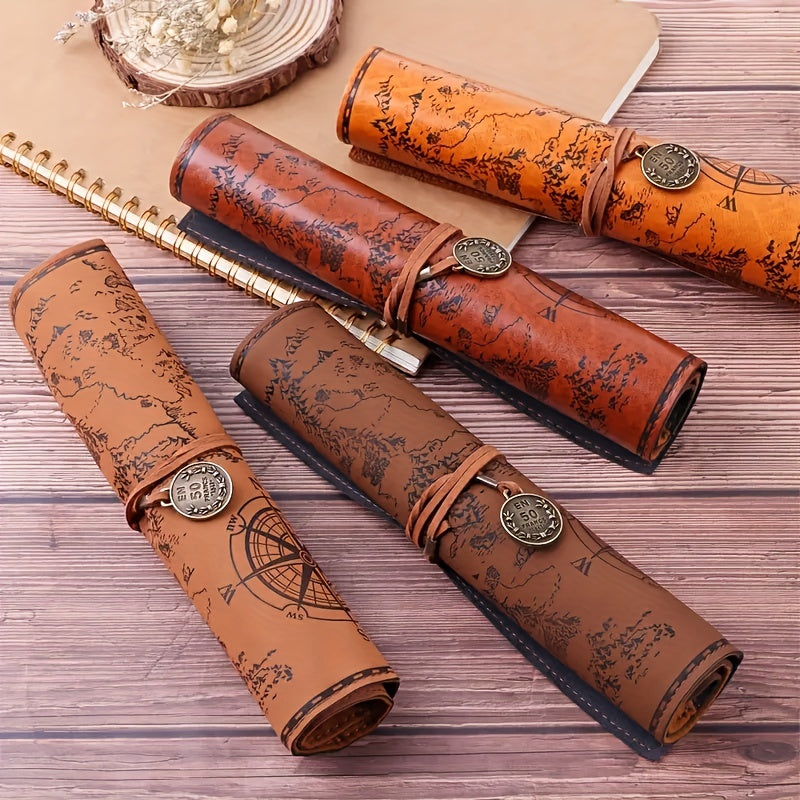 Creative Treasure Map Retro Pencil Case Leather Large Capacity Roll Pencil Bag Embossed Buckle Simple Stationery Box Roll Portable Pencil Dr