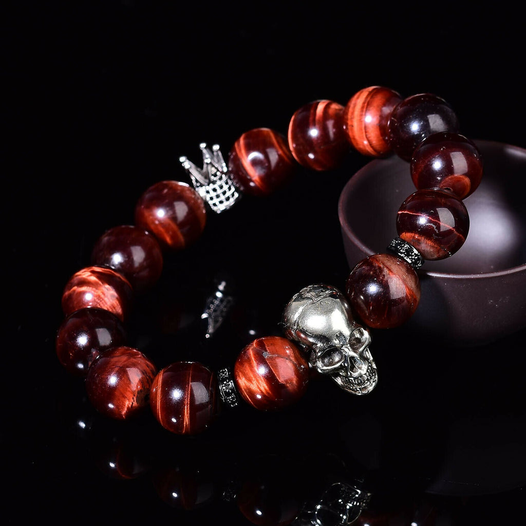 Natural Red Tigers Eye Bracelet Reiki Style Skull Fashion Chakra Crystal Beads