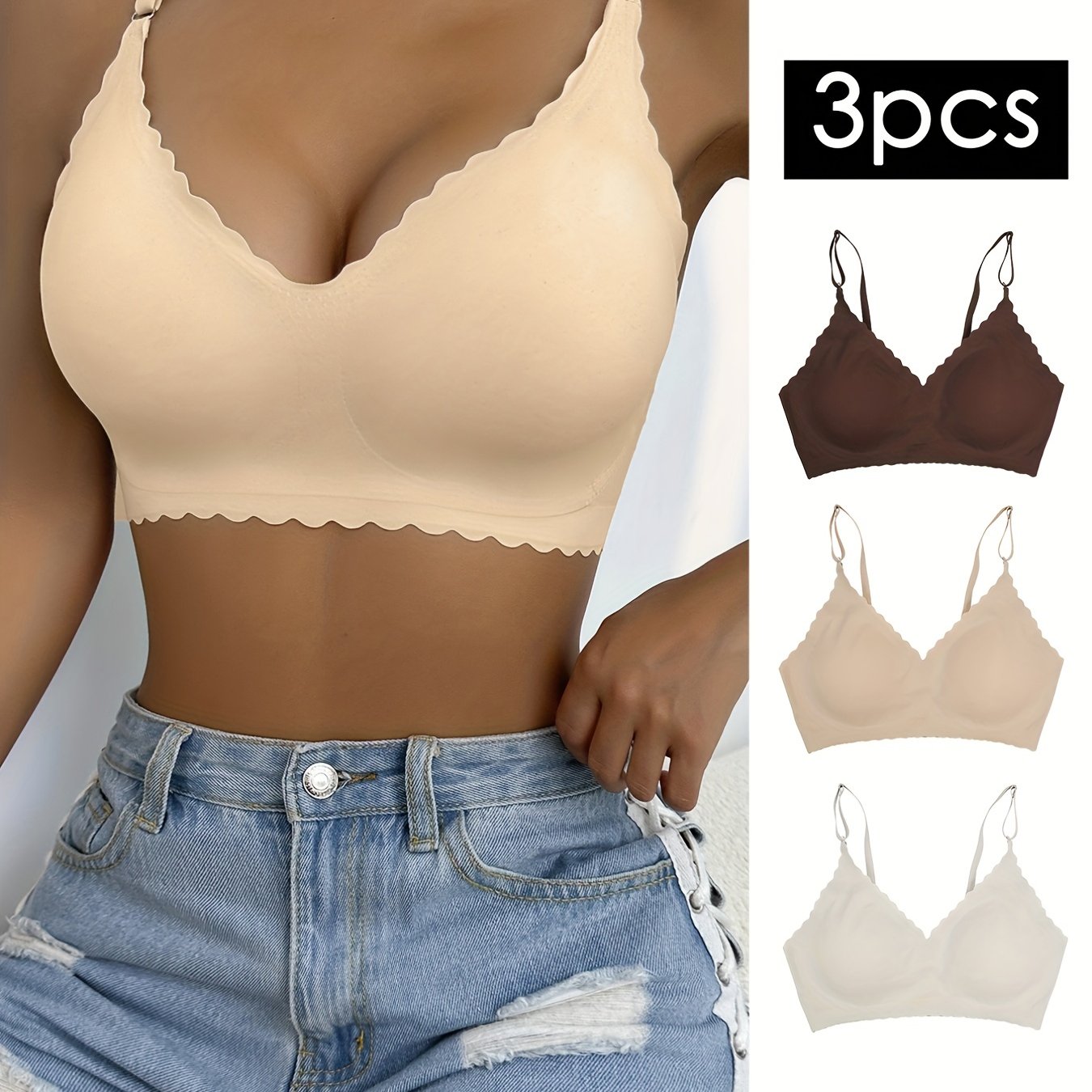 3-Piece Chic Wavy Trim Bralettes - Seamless & Breathable for Daily Comfort | Wireless Intimates Set - Everyday Elegance