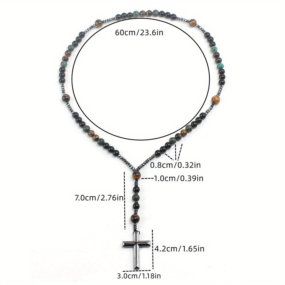 1pc Retro Natural Stone Turquoise Tiger Eye Black Hematite Cross Pendant, Men's Original Stone Prayer Beads Rosary Necklace