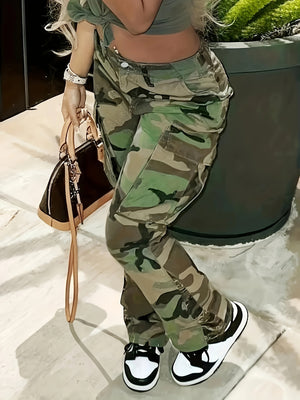 Trendy Camo Cargo Jeans - Comfortable Stretchy Denim with Side Pockets, Y2K Kpop Inspired, Versatile Wear for Women