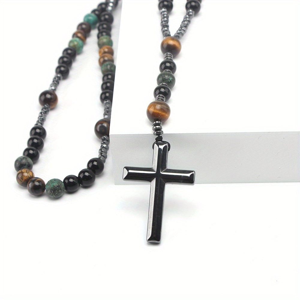 1pc Retro Natural Stone Turquoise Tiger Eye Black Hematite Cross Pendant, Men's Original Stone Prayer Beads Rosary Necklace