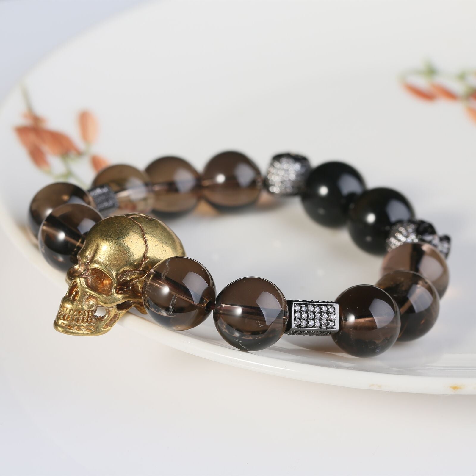 Brass Skulls Bracelets Smoky Quartz Citrine Gothic Men Fashion Crystal Beads