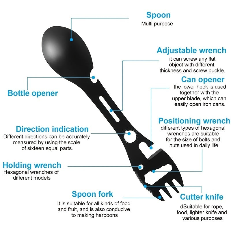 10-in-1 Multi-Functional Spork: Stainless Steel Portable Utensil Spoon, Can Opener, Serrated Knife, Wrench, Direction Indicator, Harpoon - P