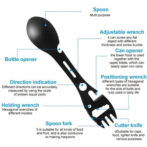 10-in-1 Multi-Functional Spork: Stainless Steel Portable Utensil Spoon, Can Opener, Serrated Knife, Wrench, Direction Indicator, Harpoon - P