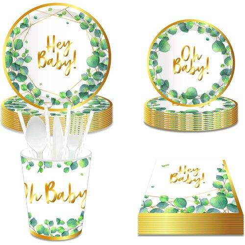 Sage Green Baby Shower Party Plates Hey Baby Gold Eucalyptus Oh Baby 68PCS Set US Local Shipping