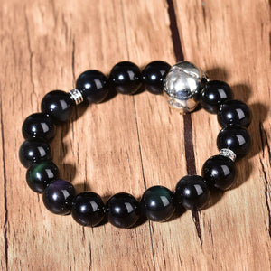 12mm Natural Obsidian Bracelet Chakra Skull Fashion Crystal Bead Silver Decor