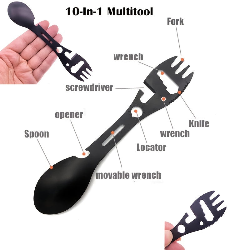 10-in-1 Multi-Functional Spork: Stainless Steel Portable Utensil Spoon, Can Opener, Serrated Knife, Wrench, Direction Indicator, Harpoon - P