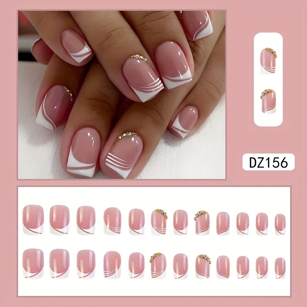 24pcs Glossy Pink Press On Nails with Rhinestone Accents and French White Edge Design - Full Coverage Fake Nails for Women and Girls