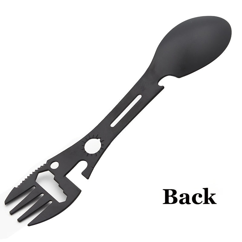 10-in-1 Multi-Functional Spork: Stainless Steel Portable Utensil Spoon, Can Opener, Serrated Knife, Wrench, Direction Indicator, Harpoon - P